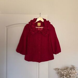 Lulumari | Red Embellished Wool Blend 3/4 Puff Sleeve Jacket Peacoat| Size Small
